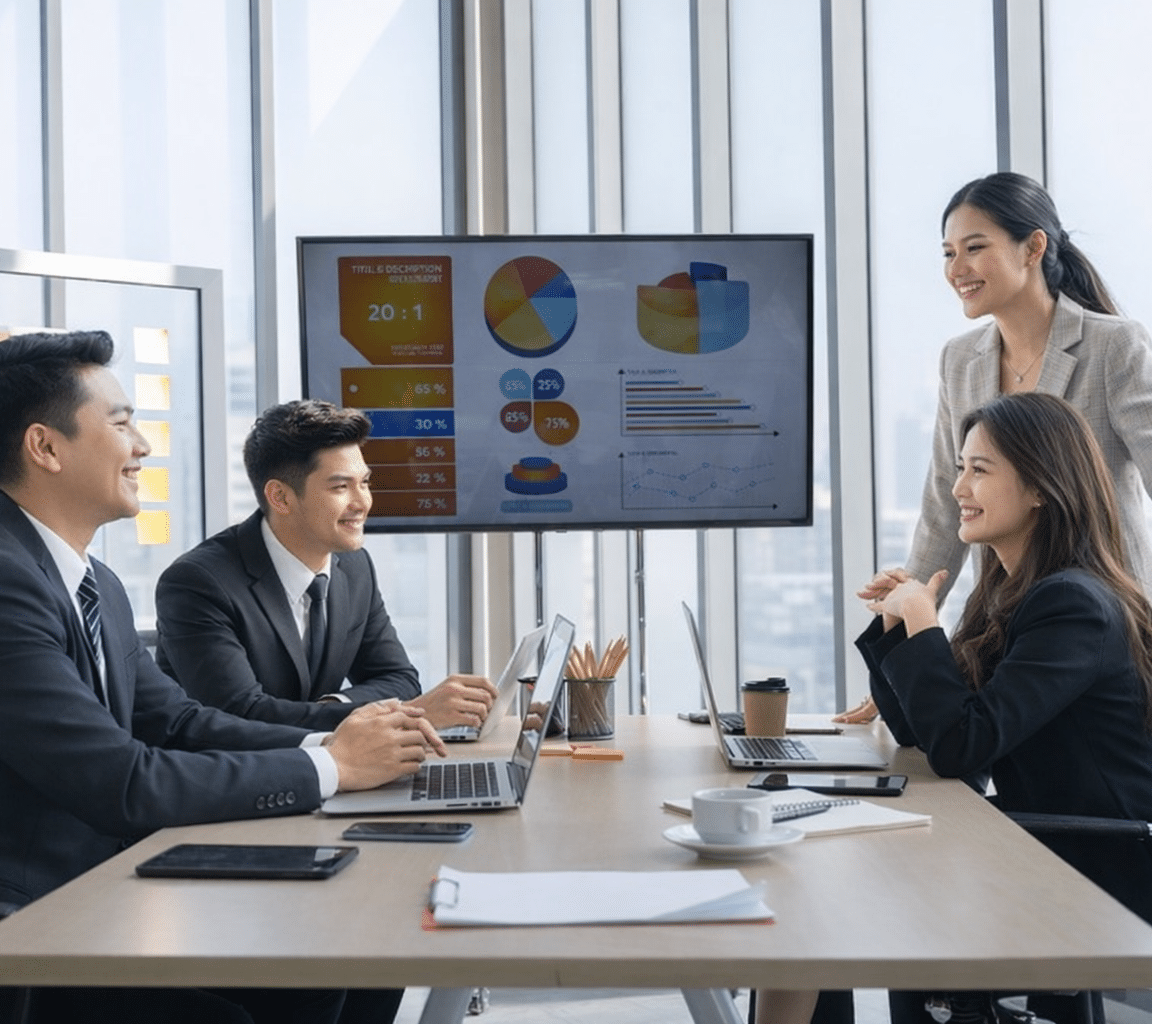 A team is conducting a strategic planning meeting in a modern conference room with a digital data display.