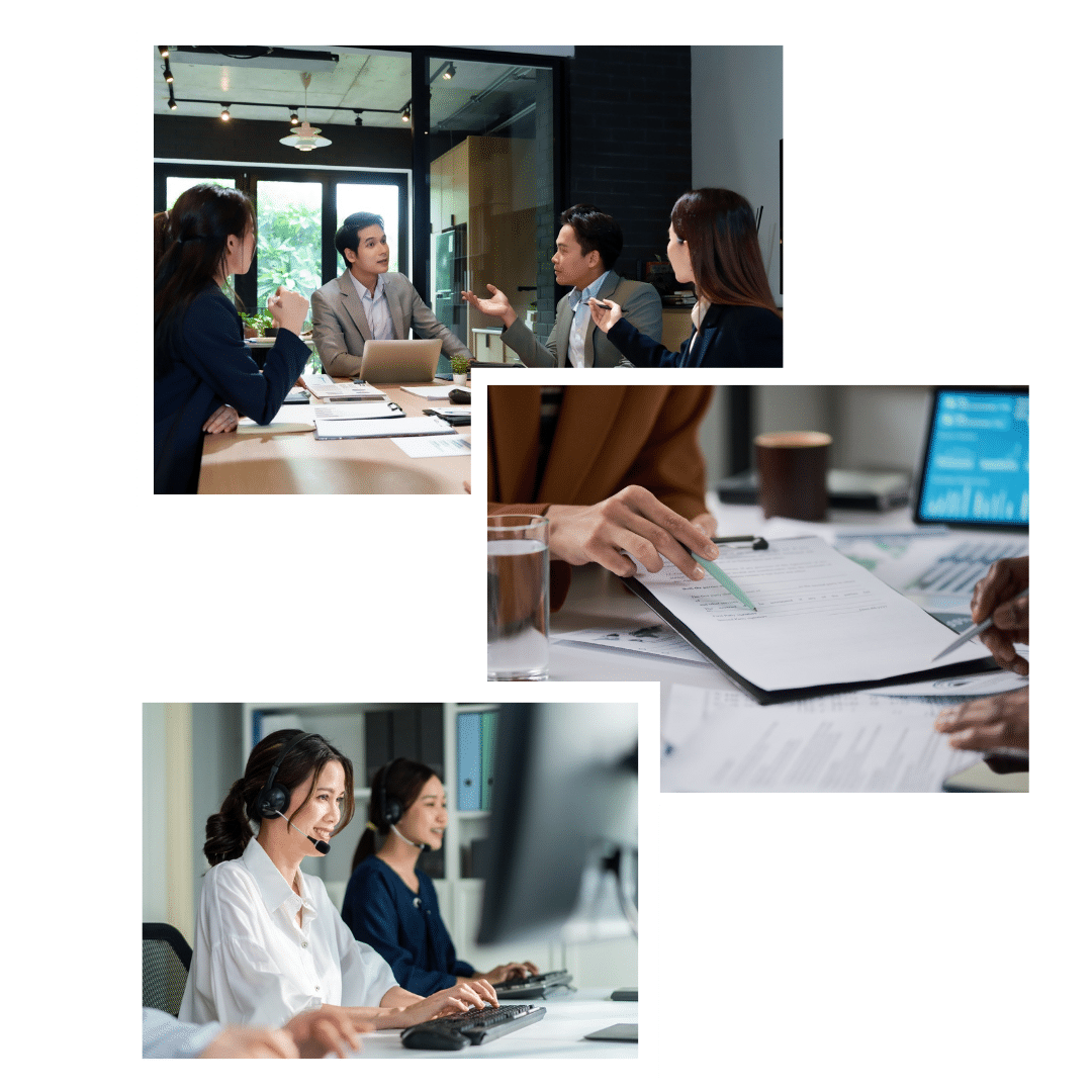 A stacked collage of four distinct professional business images with polaroid white borders, showing team collaboration, focused document review, a friendly call center environment, and data analytics on a tablet.
