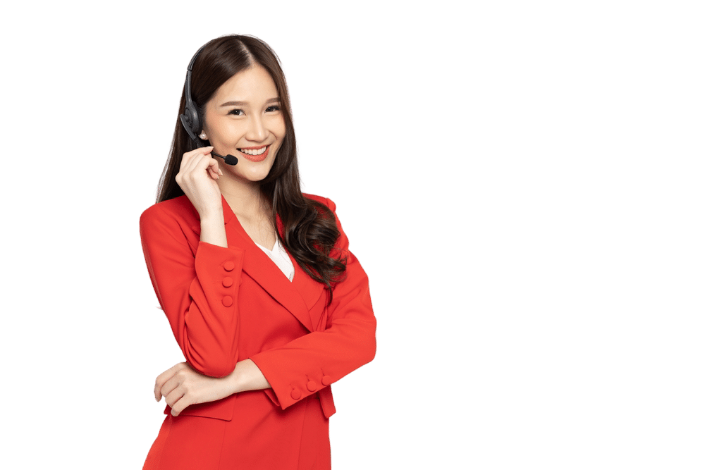 A smiling female virtual legal assistant with long dark hair wearing a professional red blazer and a headset, ready to provide legal administrative support and client intake.