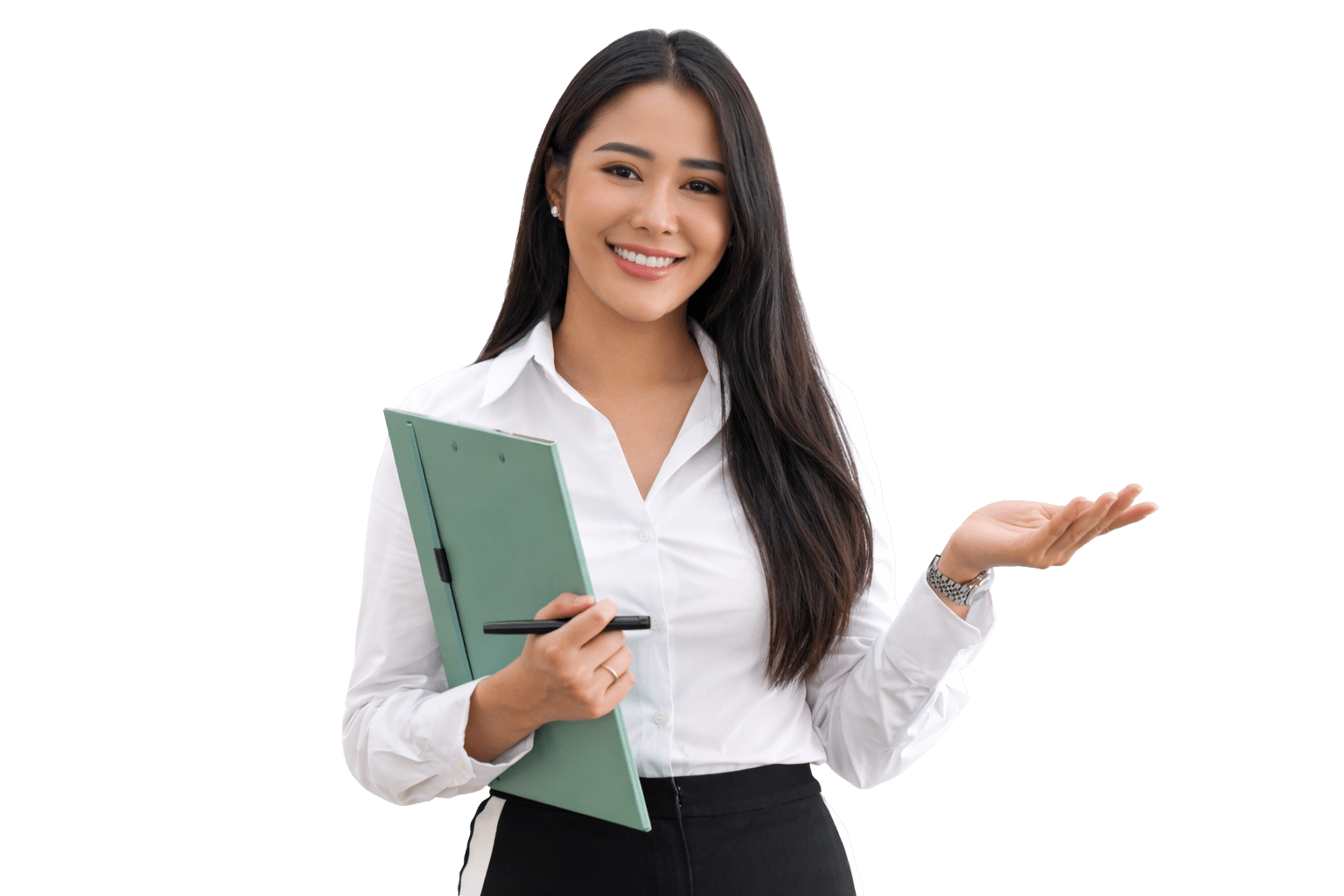 A professional virtual legal assistant holding a green folder and pen, gesturing with an open hand to present legal documentation services.