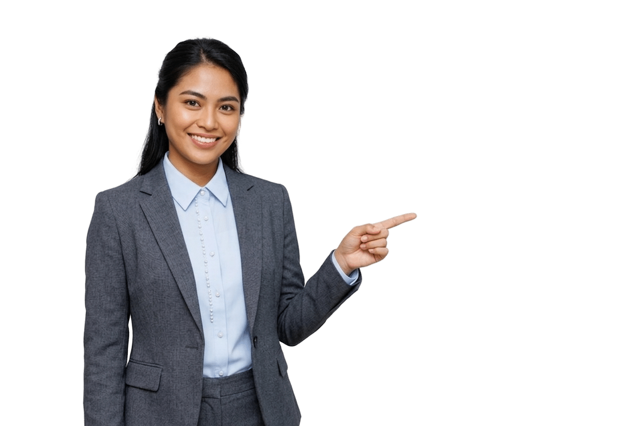 Professional virtual legal assistant in a grey corporate suit smiling and pointing toward copy space, representing legal support and administrative services.