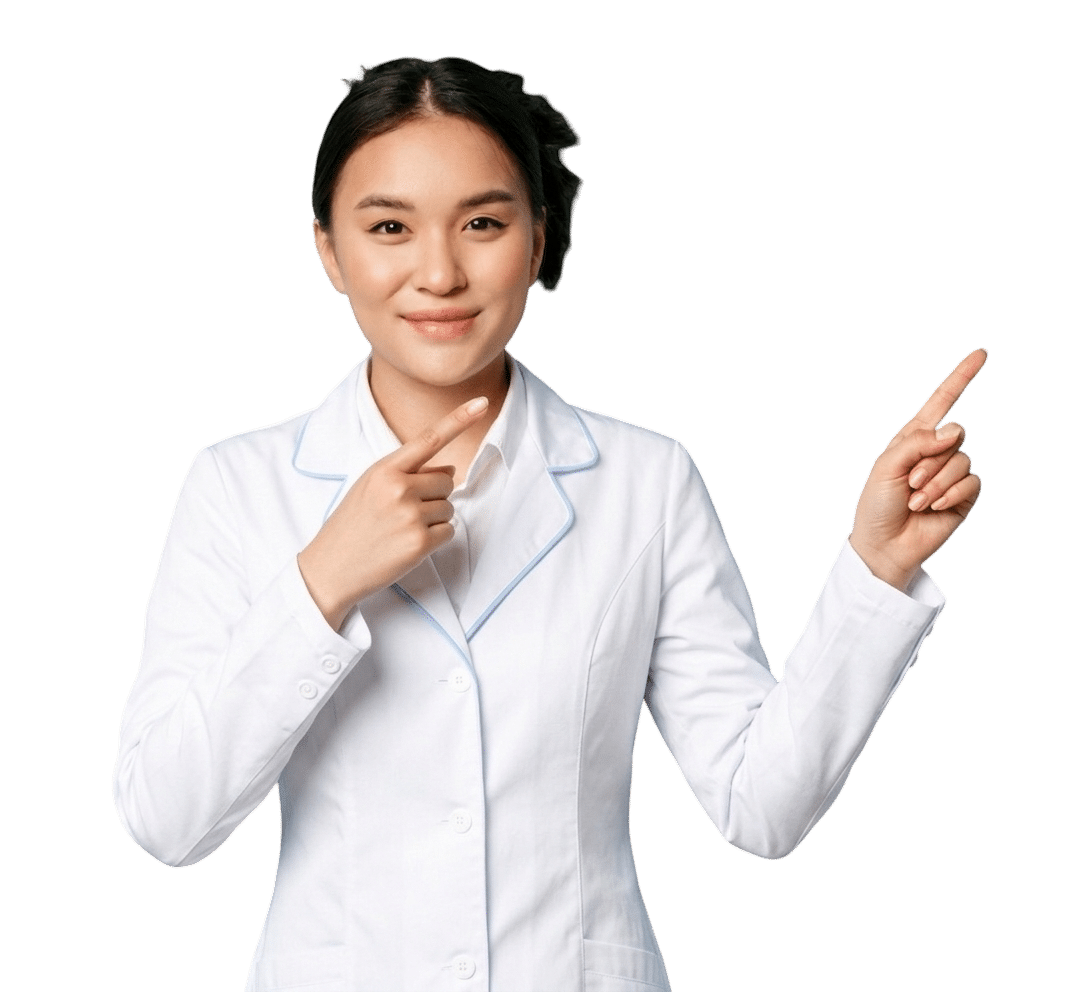 A healthcare professional in a white lab coat pointing toward clinic administration service options.
